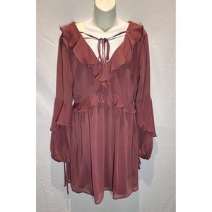 GB GIANNI BINI RUFFLE LONG SLEEVE CHIFFON V NECK Mauve Mini Dress Sz L